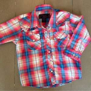 Cowgirl Legend Toddler Girls Pink Plaid Western Pearl Snap Button Down • Size 2T